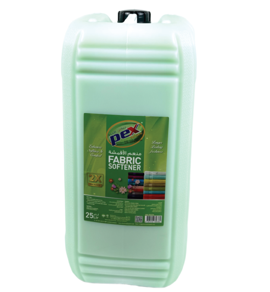 Pex Active Fabric Softener Green 25 Liter industrial laundry can with packaging information