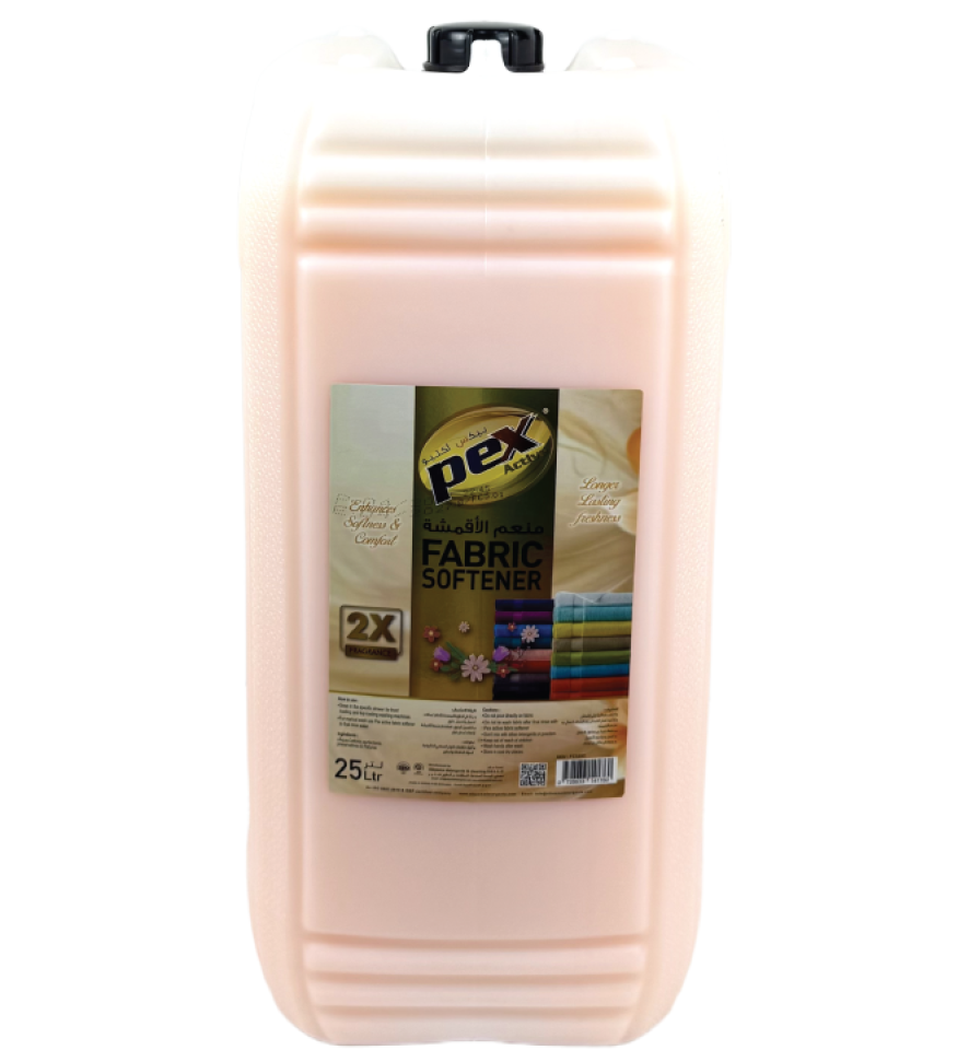 Pex Active Fabric Softener Cream 25 Liter industrial laundry container with packaging information