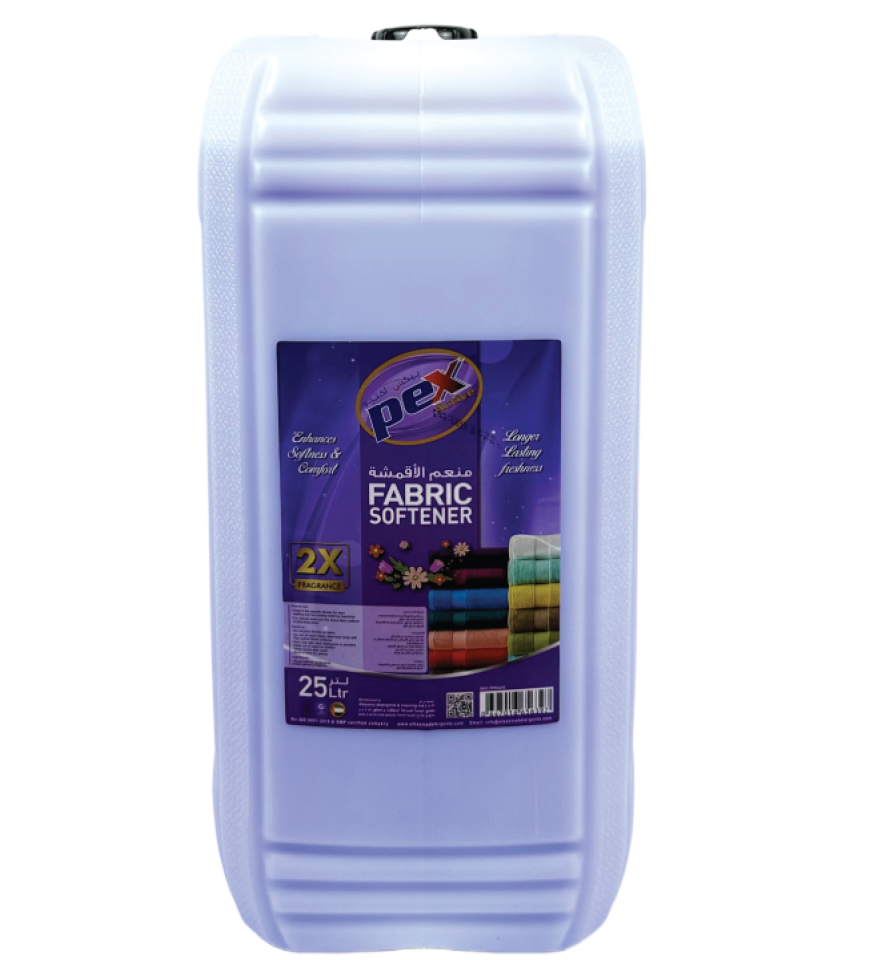 Pex Active Fabric Softener Purple 25 Liter industrial laundry container with packaging information